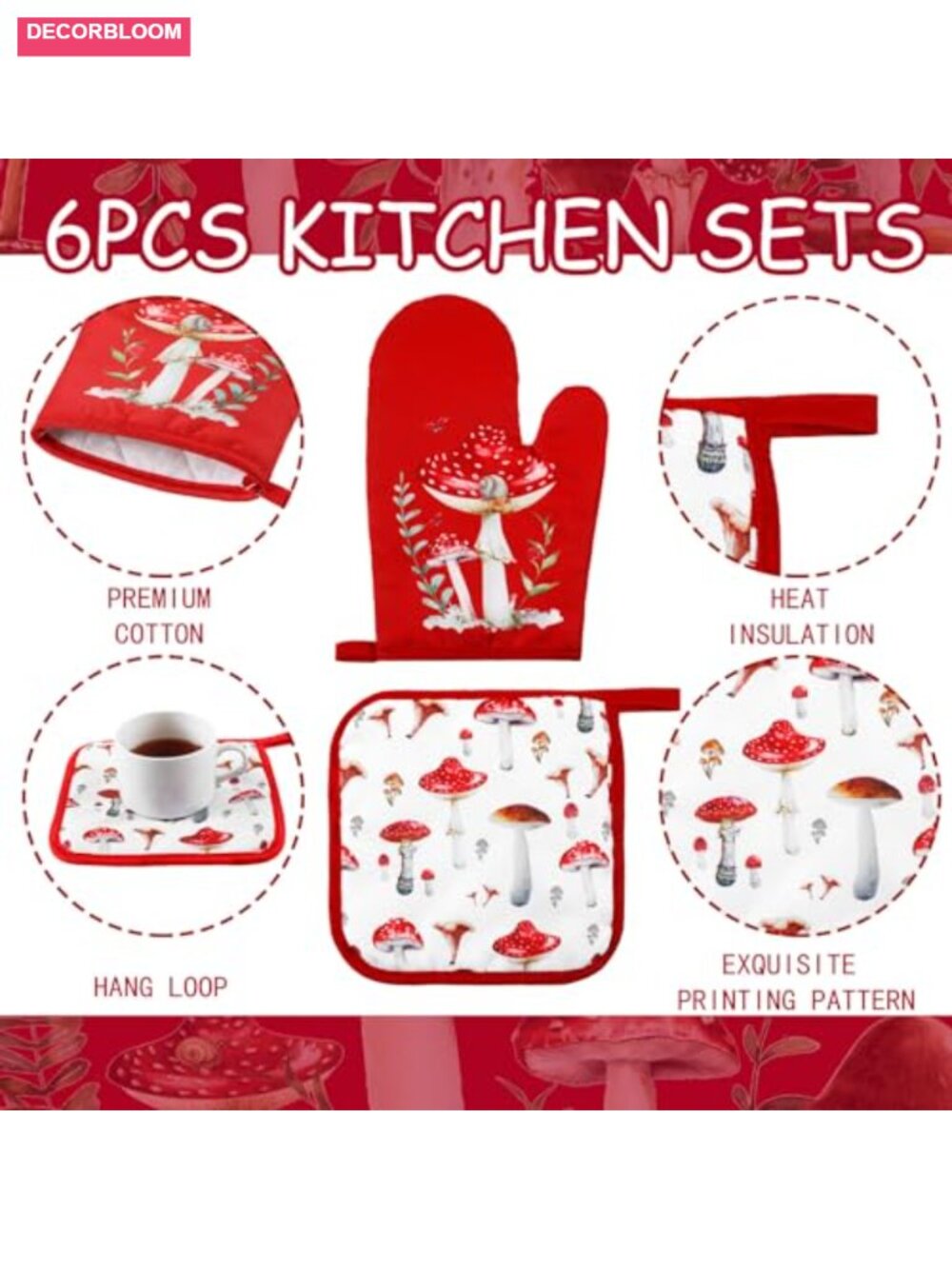 6-Piece Mushroom Kitchen Towel Set with Oven Mitts and Pot Holders - Picture 4 of 6